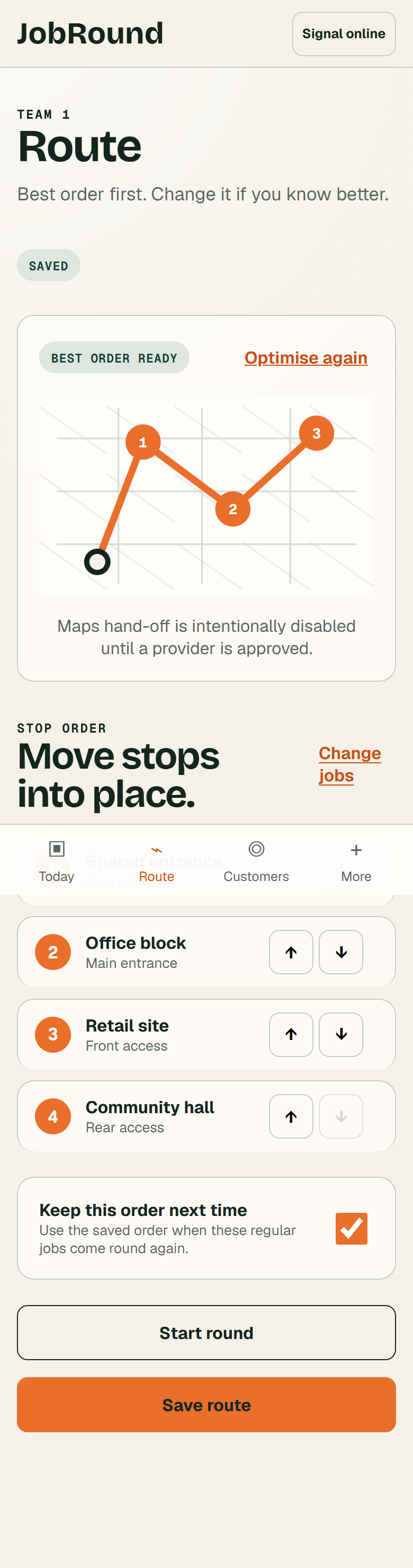 JobRound Route screen showing the saved stop order and controls for moving jobs