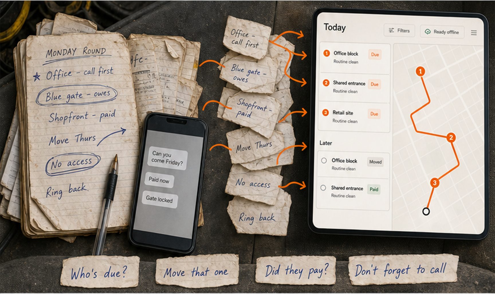 A battered working diary and message notes becoming an ordered JobRound list and route