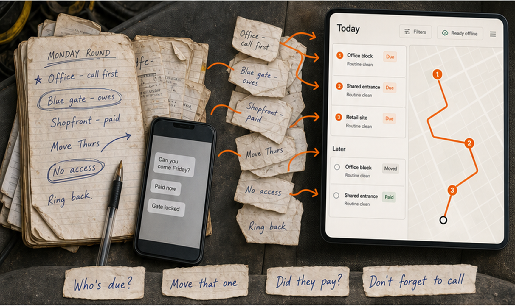 A battered working diary and message notes becoming an ordered JobRound list and route