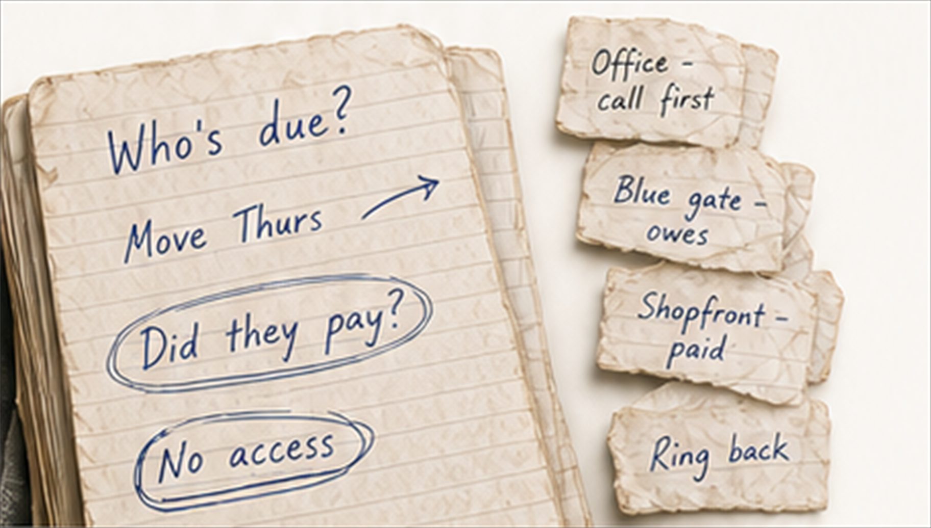 A battered work diary filled with handwritten round notes