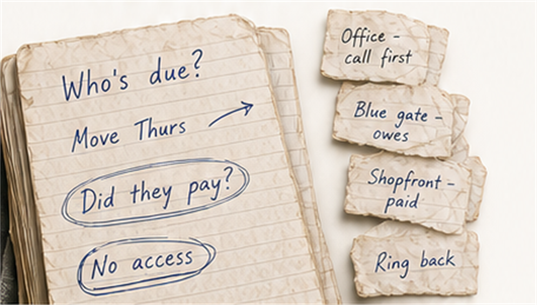A battered work diary with handwritten reminders