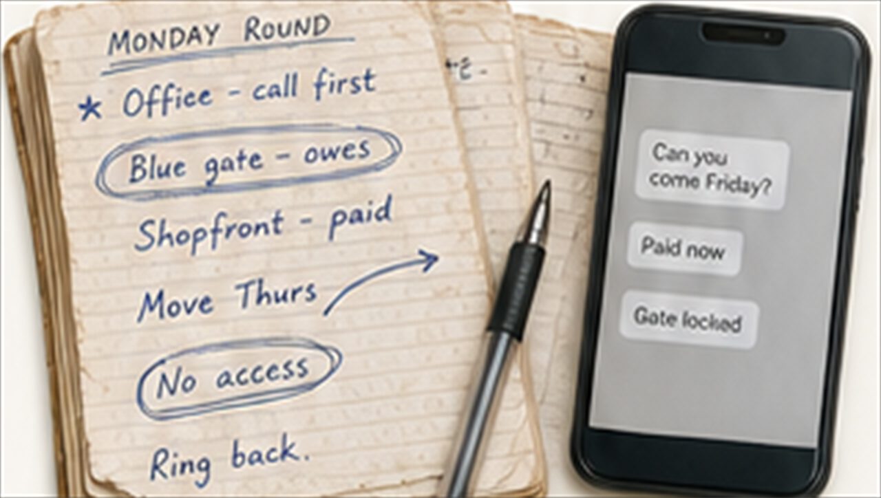 A battered round diary beside a message phone